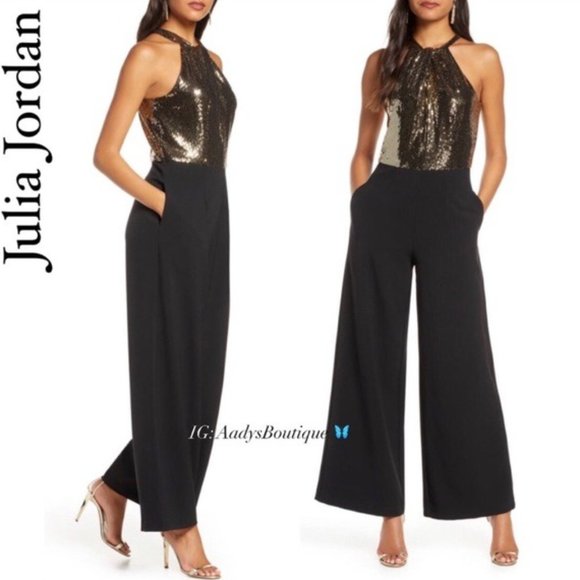 Julia Jordan Twist Halter Neck Jumpsuit Gold Metallic Wide Leg Size 8 NWT - Picture 16 of 17